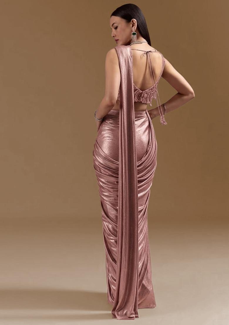 Rose Gold Pink Handwork Satin Pre Draped Saree Set - Indya