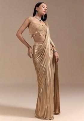 Champagne Gold Handwork Satin Pre Draped Saree Set