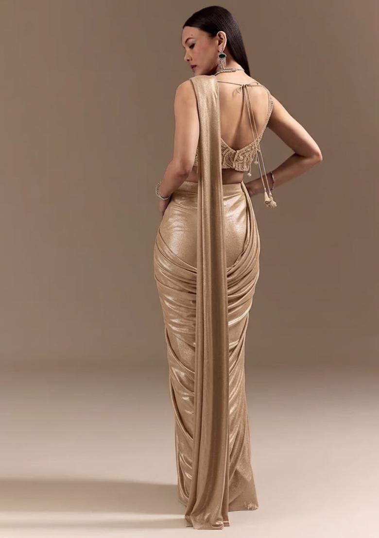 Champagne Gold Handwork Satin Pre Draped Saree Set - Indya