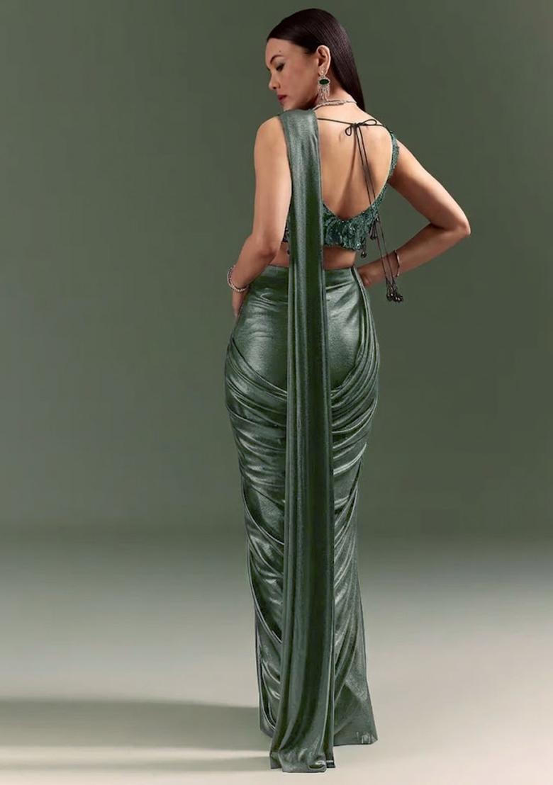 Grey Handwork Satin Pre Draped Saree Set - Indya