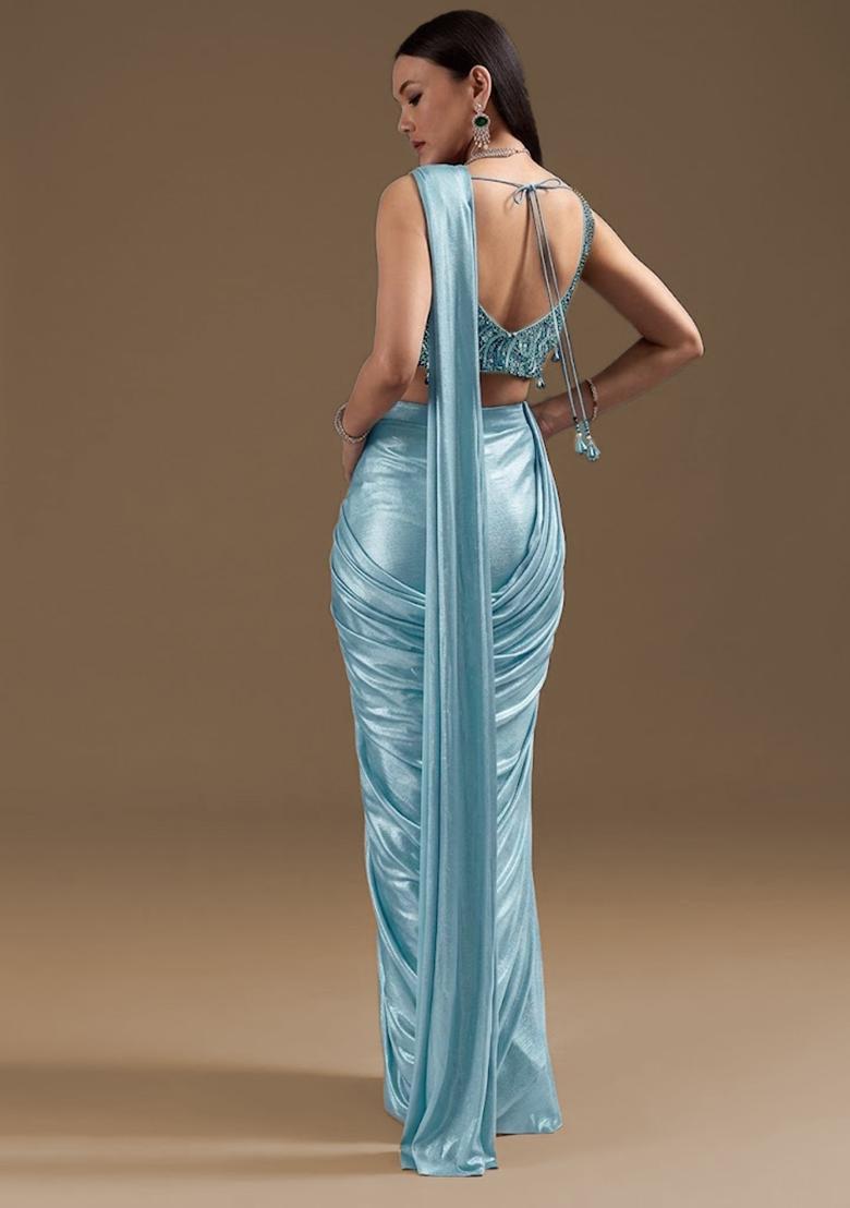Aqua Blue Handwork Satin Pre Draped Saree Set - Indya
