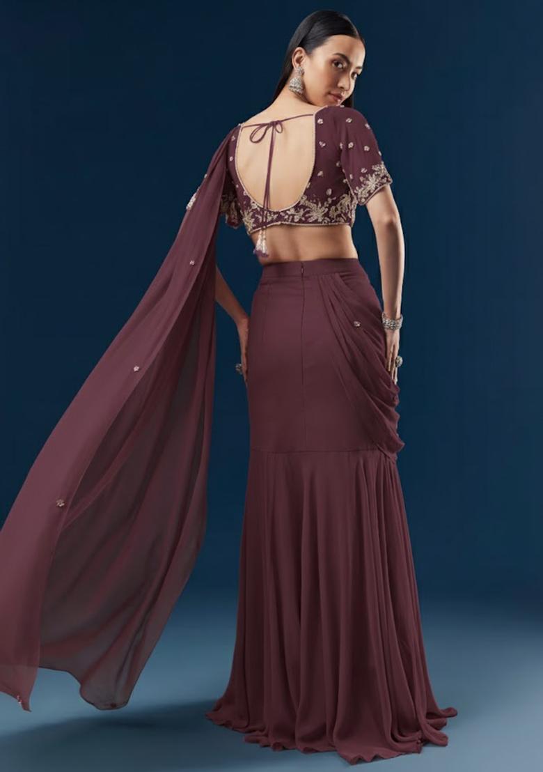 Wine Red Handwork Goergette Pre Draped Saree Set - Indya