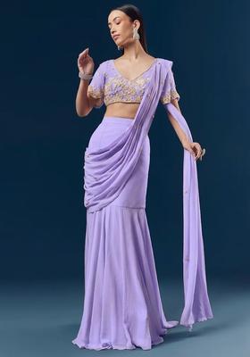 Lavender Handwork Goergette Pre Draped Saree Set