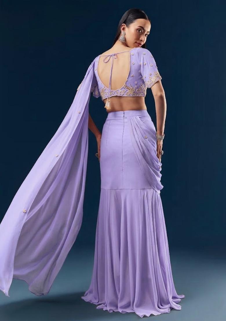 Lavender Handwork Goergette Pre Draped Saree Set - Indya