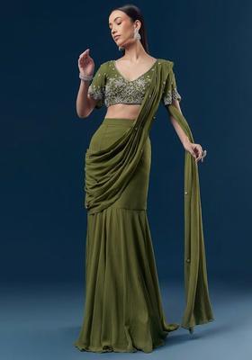 Olive Green Handwork Goergette Pre Draped Saree Set