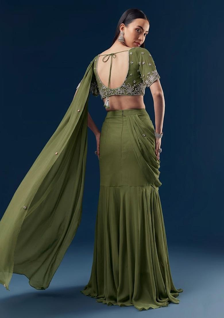 Olive Green Handwork Goergette Pre Draped Saree Set - Indya