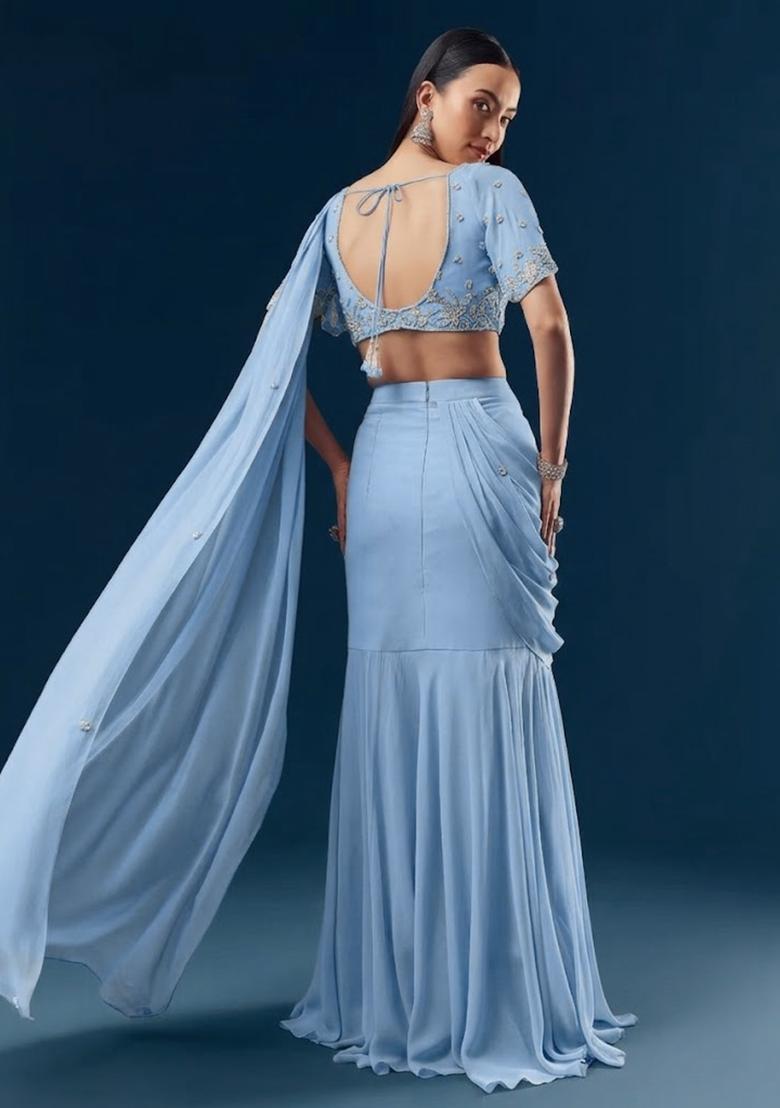 Powder Blue Handwork Goergette Pre Draped Saree Set - Indya