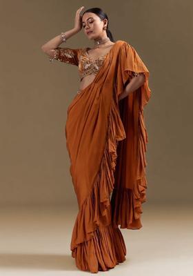 Burnt Orange Handwork Crepe Pre Draped Saree Set
