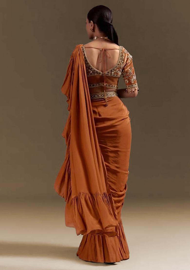 Burnt Orange Handwork Crepe Pre Draped Saree Set - Indya