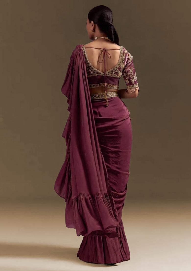 Maroon Handwork Crepe Pre Draped Saree Set - Indya