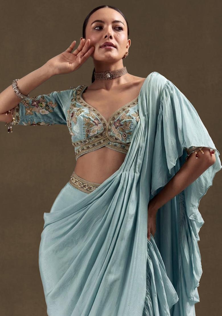 Powder Blue Handwork Crepe Pre Draped Saree Set - Indya