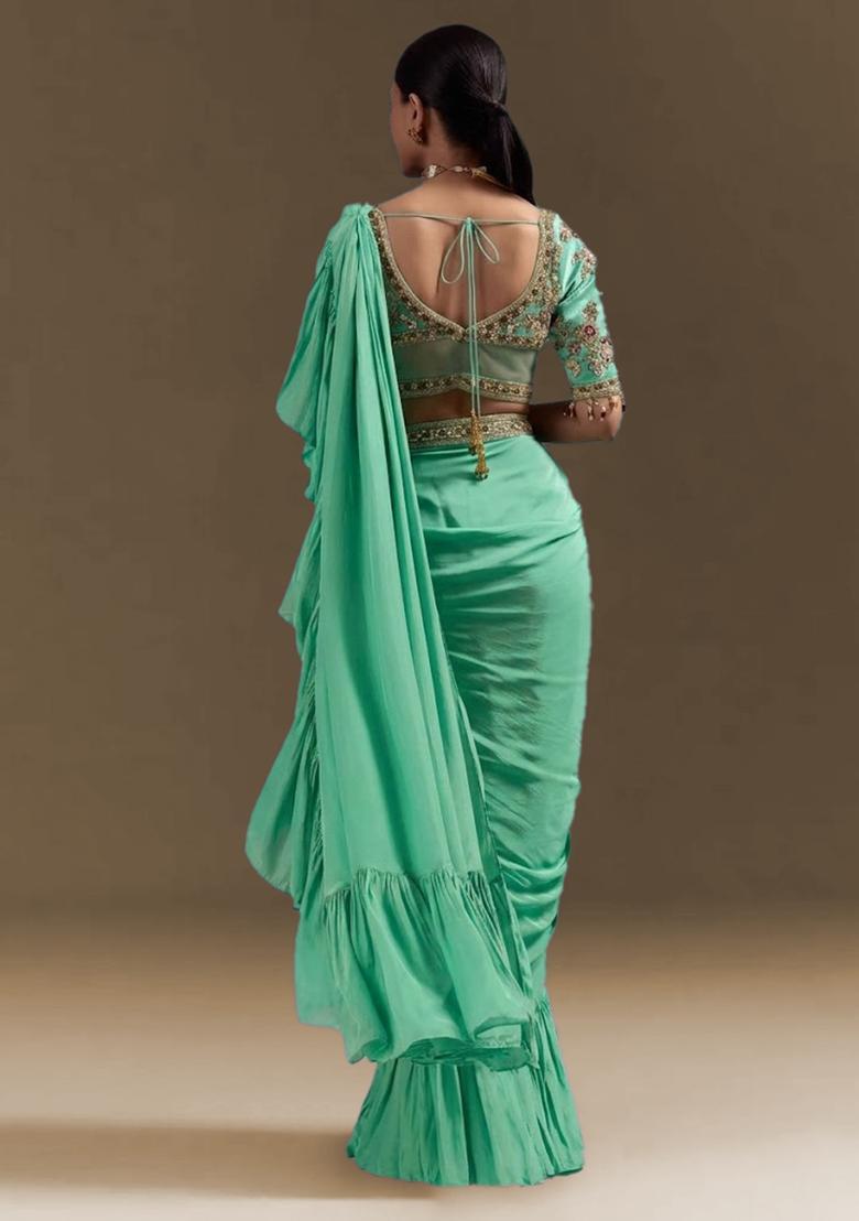 Mint Green Handwork Crepe Pre Draped Saree Set - Indya