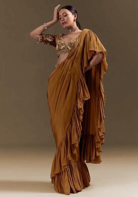 Brown Handwork Crepe Pre Draped Saree Set