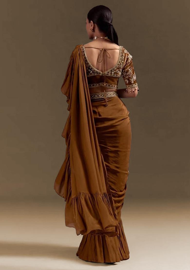 Brown Handwork Crepe Pre Draped Saree Set - Indya