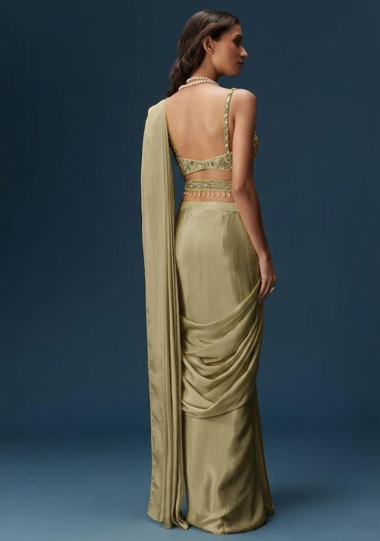Yellow Handwork Satin Pre Draped Saree Set - Indya