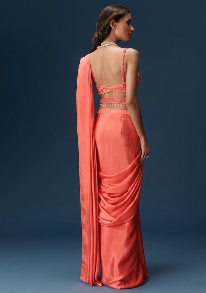 Coral Handwork Satin Pre Draped Saree Set - Indya