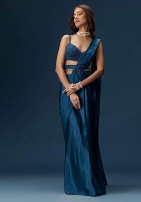 Deep Teal Blue Handwork Satin Pre Draped Saree Set