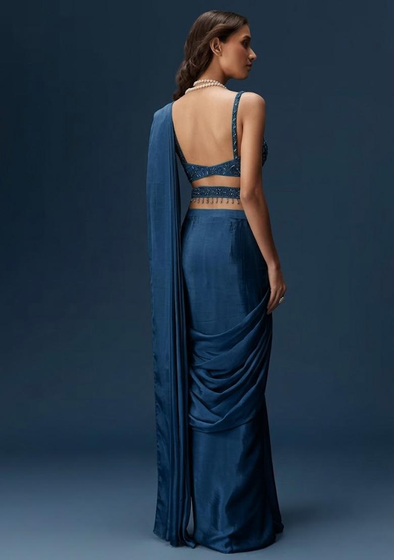 Deep Teal Blue Handwork Satin Pre Draped Saree Set - Indya