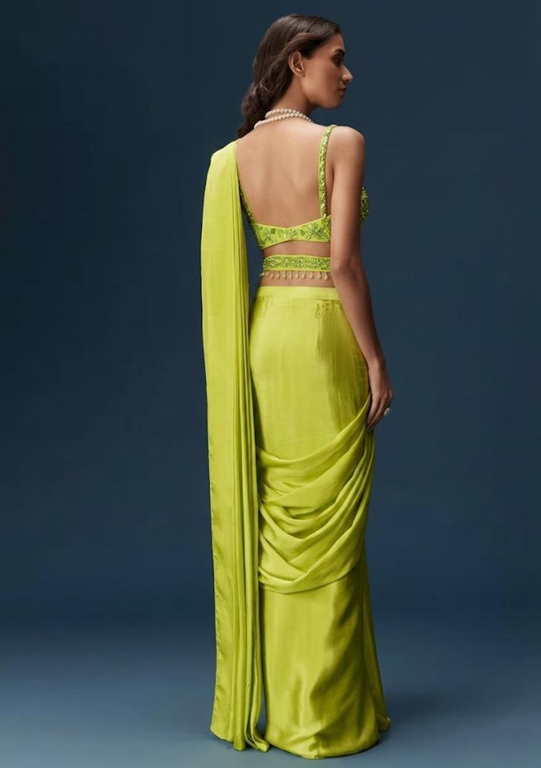 Lime Green Handwork Satin Pre Draped Saree Set - Indya