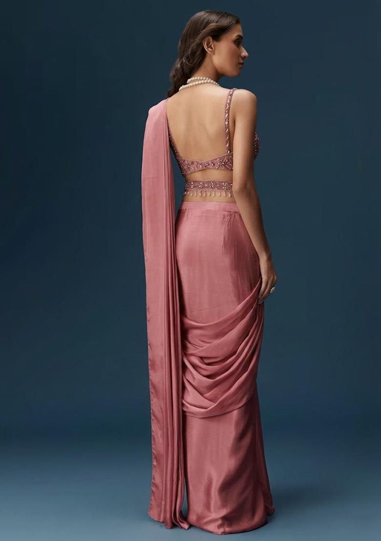 Dusty Rose Handwork Satin Pre Draped Saree Set - Indya