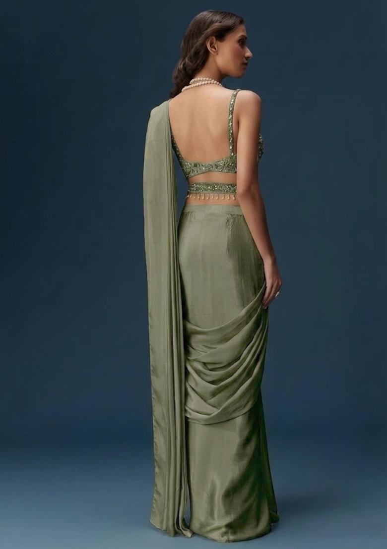 Sage Green Handwork Satin Pre Draped Saree Set - Indya