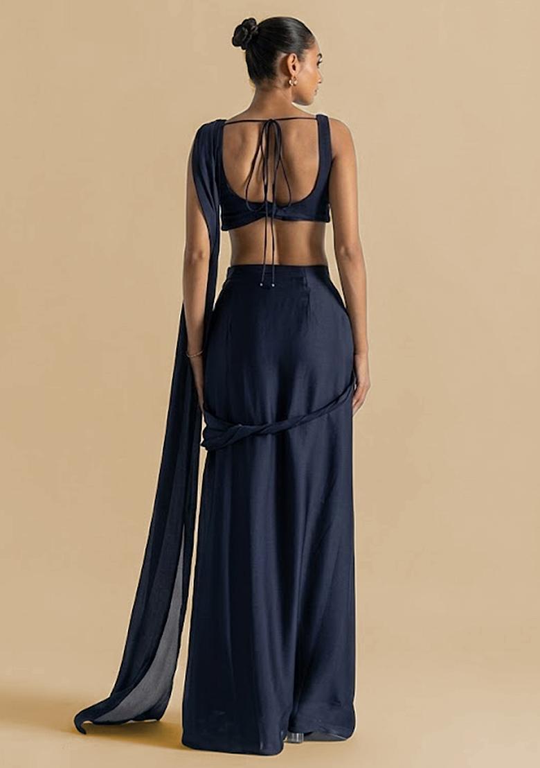 Navy Blue Handwork Crepe Pre Draped Saree Set - Indya