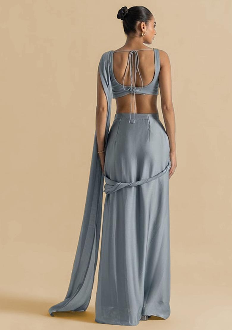 Grey Handwork Crepe Pre Draped Saree Set - Indya