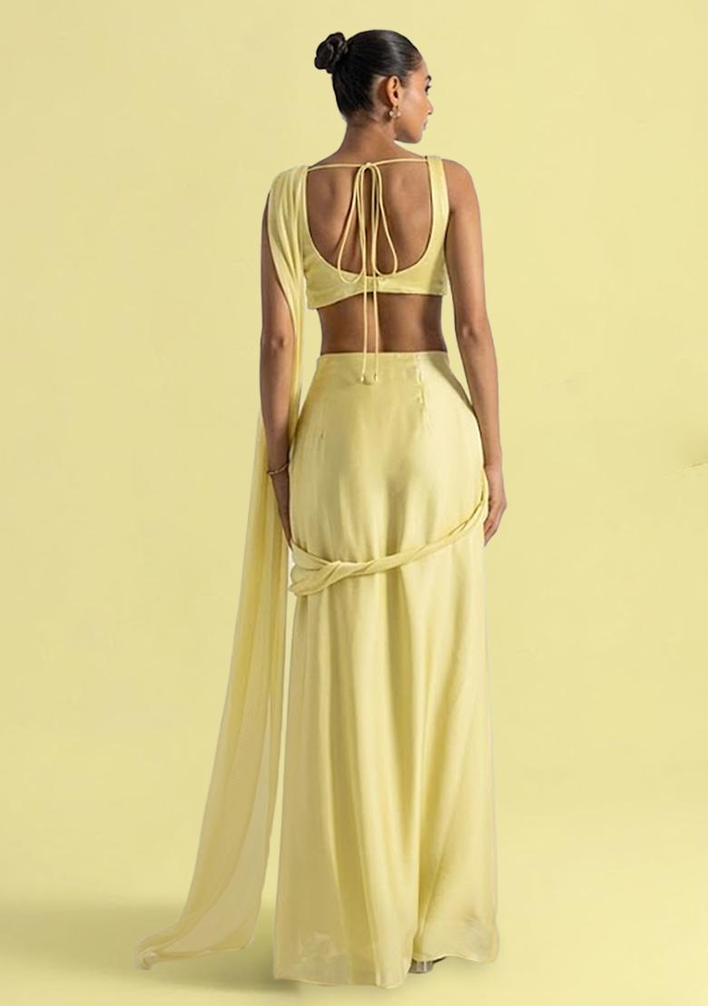 Yellow Handwork Crepe Pre Draped Saree Set - Indya