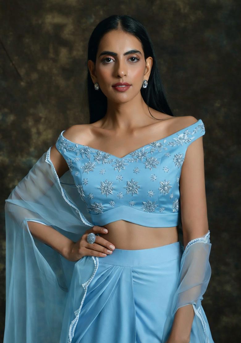 Powder Blue Hand Work Satin Fusion Set - Indya