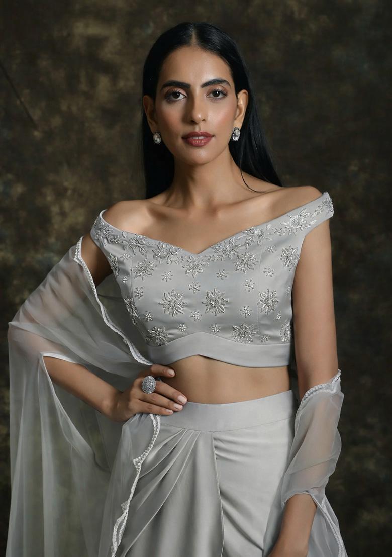 Grey Hand Work Satin Fusion Set - Indya
