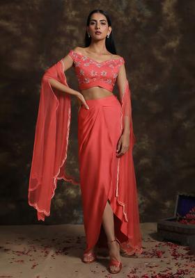 Coral Red Hand Work Satin Fusion Set