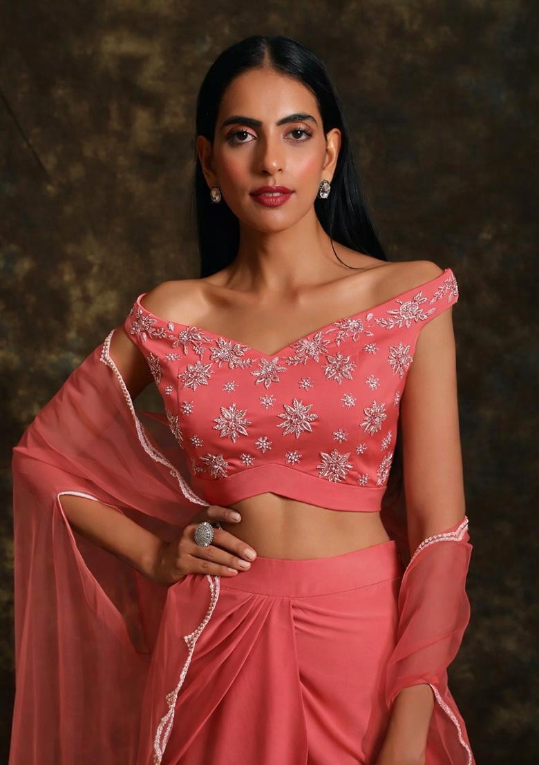 Coral Red Hand Work Satin Fusion Set - Indya