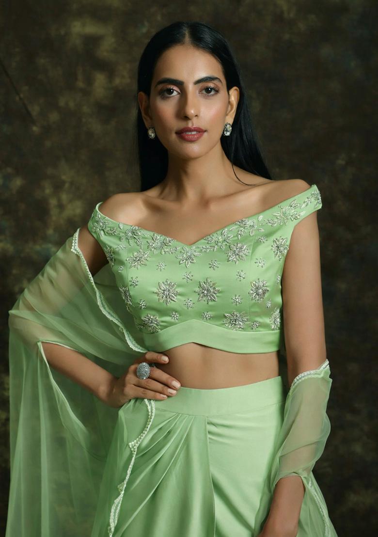 Mint Green Hand Work Satin Fusion Set - Indya