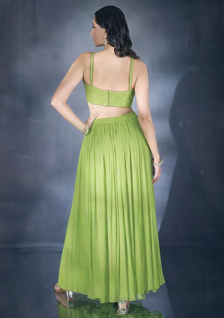 Lime Green Hand Work Chiffon Lehenga Set - Indya