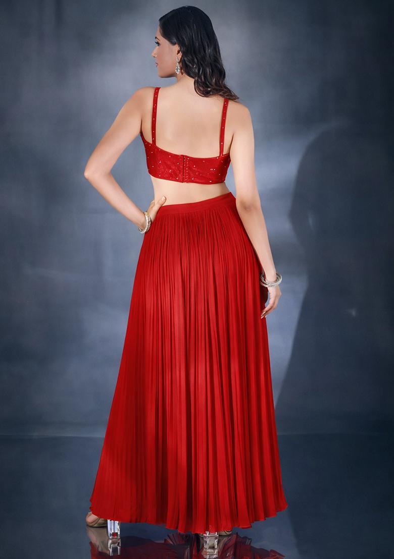 Red Hand Work Chiffon Lehenga Set - Indya