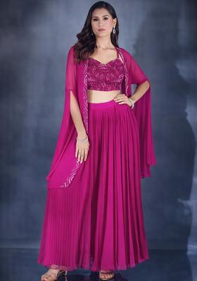 Hot Pink Hand Work Chiffon Lehenga Set