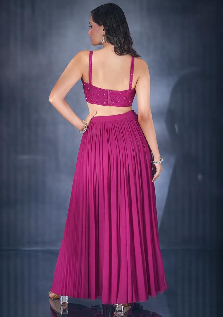Hot Pink Hand Work Chiffon Lehenga Set - Indya
