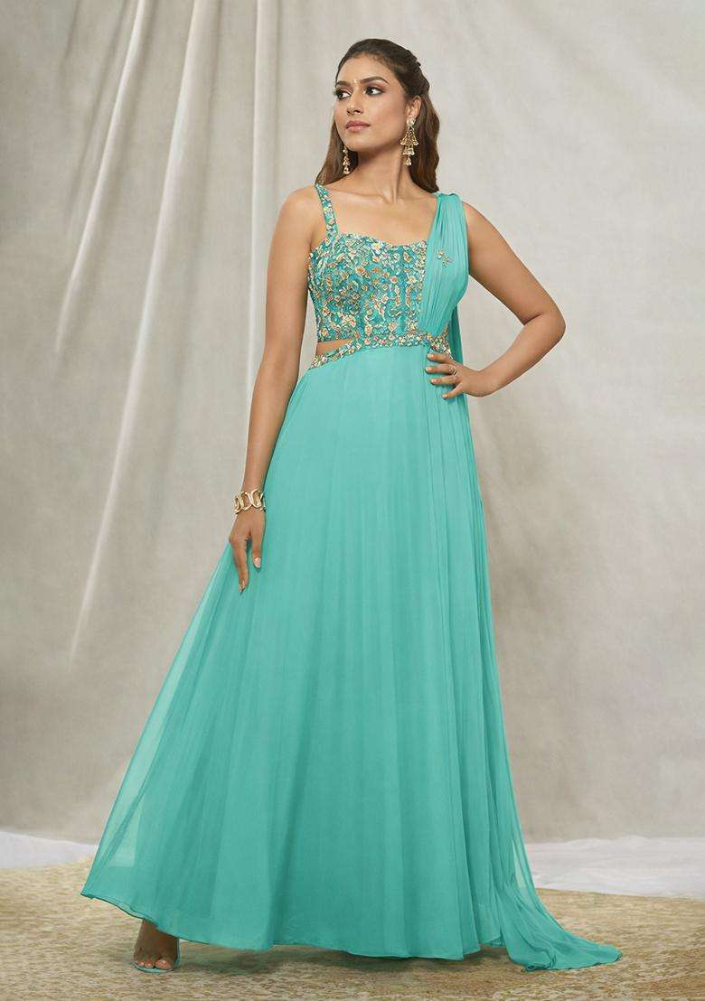 Sea Green Hand Work Georgette Lehenga Set - Indya