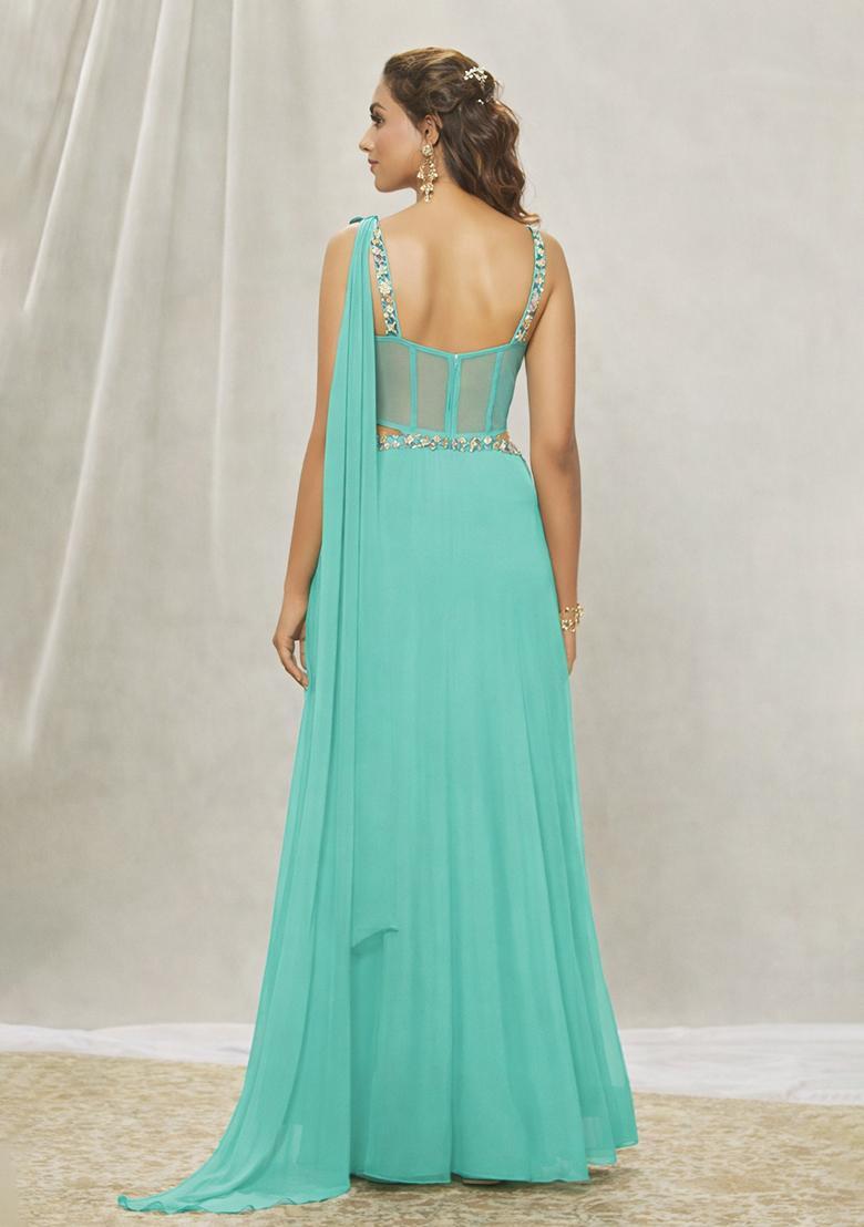Sea Green Hand Work Georgette Lehenga Set - Indya