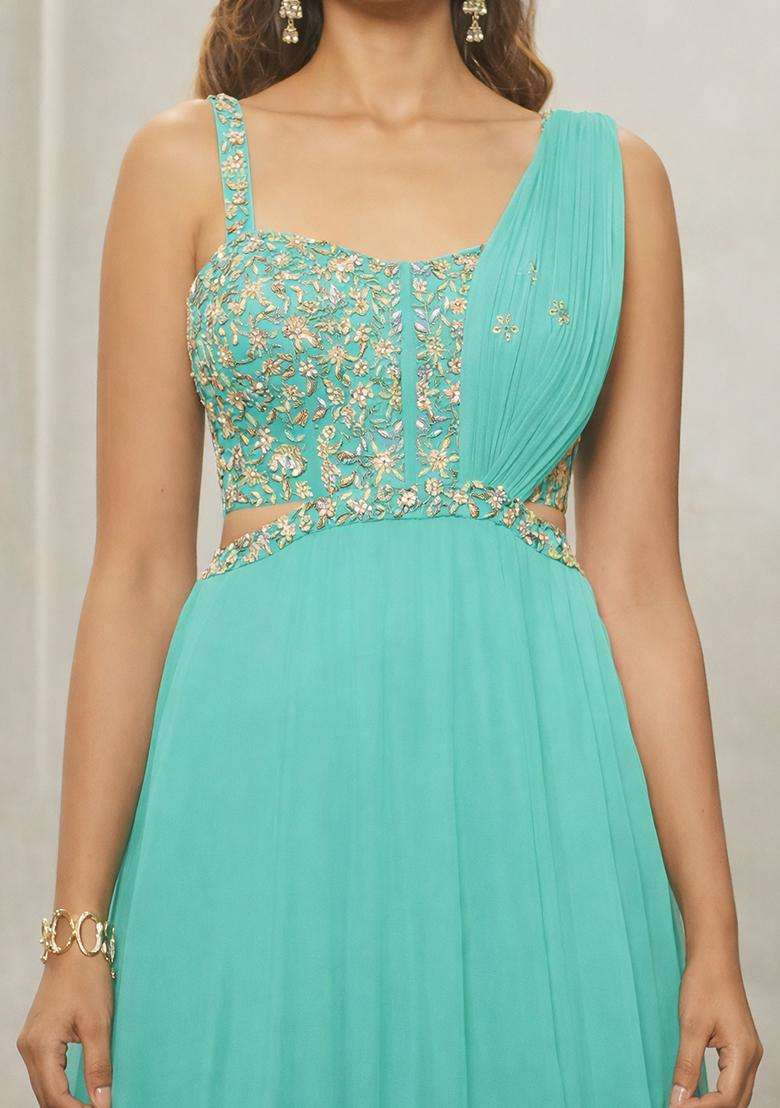 Sea Green Hand Work Georgette Lehenga Set - Indya