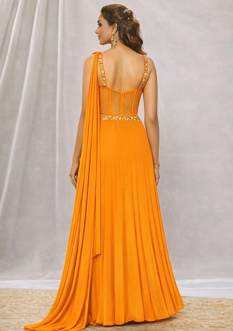 Orange Hand Work Georgette Lehenga Set - Indya