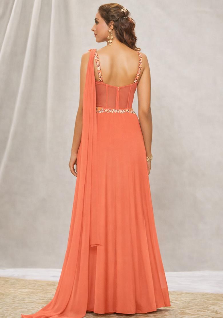 Peach Hand Work Georgette Lehenga Set - Indya