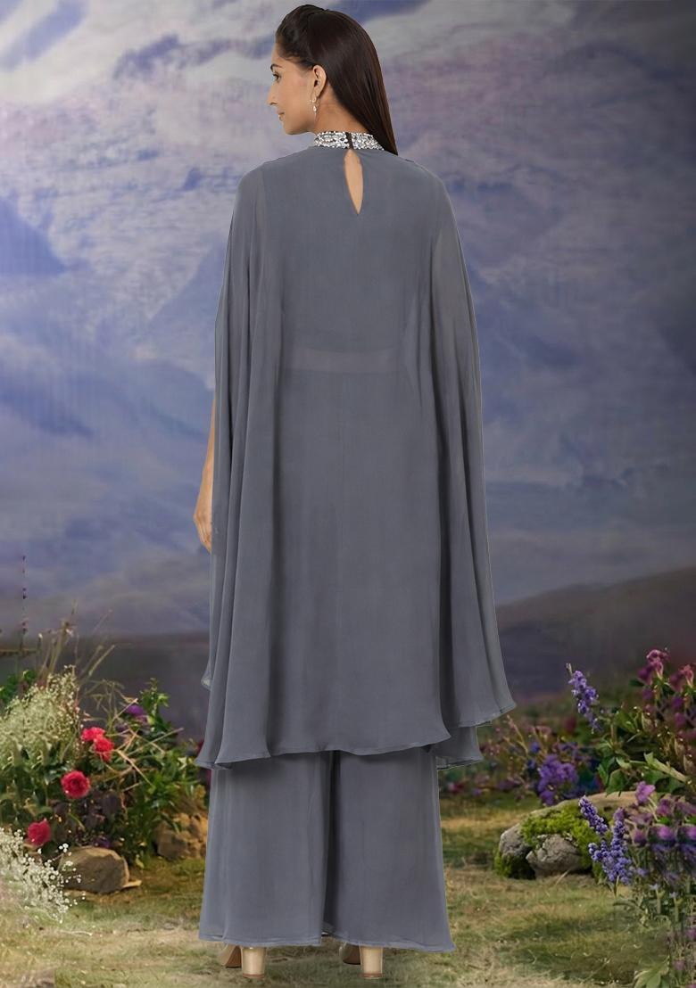 Charcoal Grey Hand Work Georgette Fusion Set - Indya