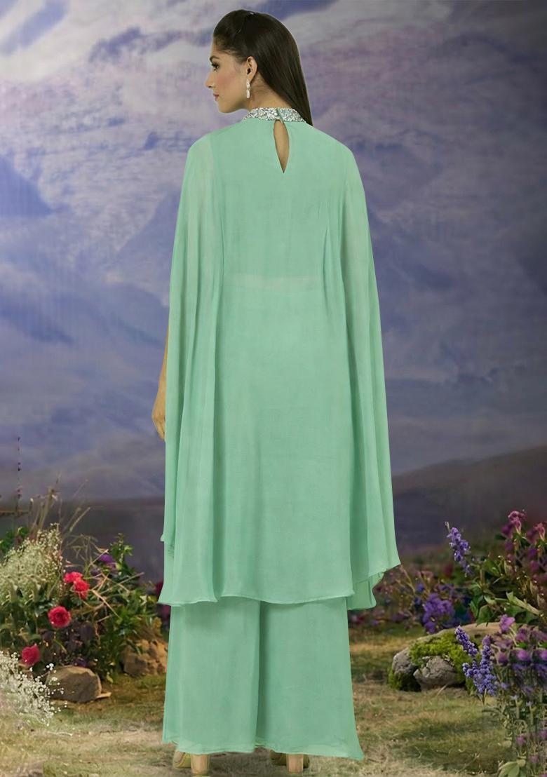 Mint Green Hand Work Georgette Fusion Set - Indya