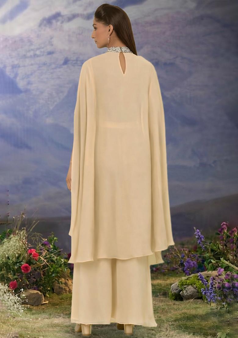 Champagne Beige Hand Work Georgette Fusion Set - Indya