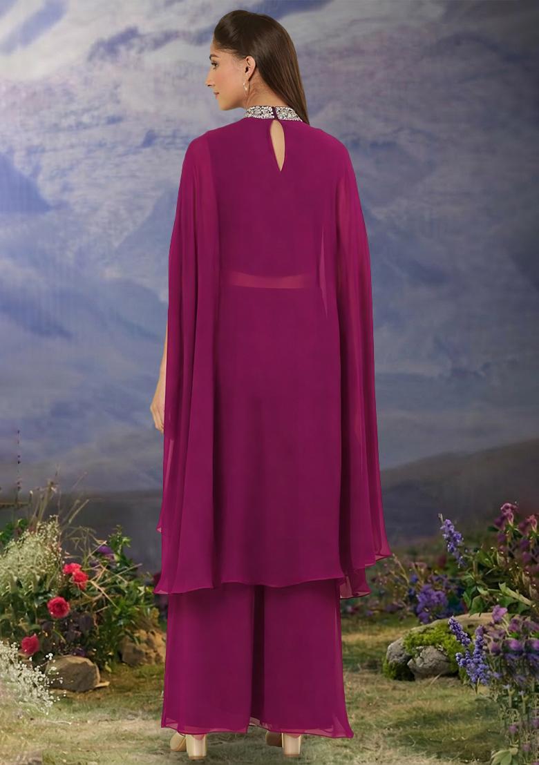 Purple Hand Work Georgette Fusion Set - Indya