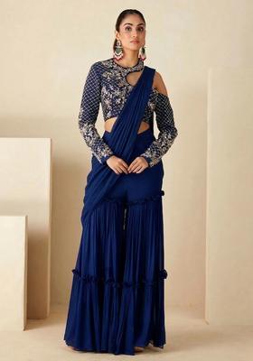 Navy Blue Hand Work Georgette Fusion Set