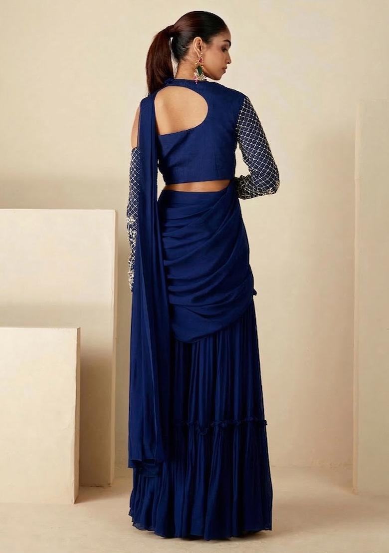 Navy Blue Hand Work Georgette Fusion Set - Indya