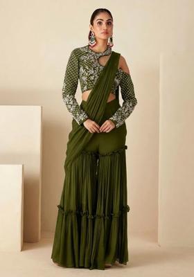 Olive Green Hand Work Georgette Fusion Set