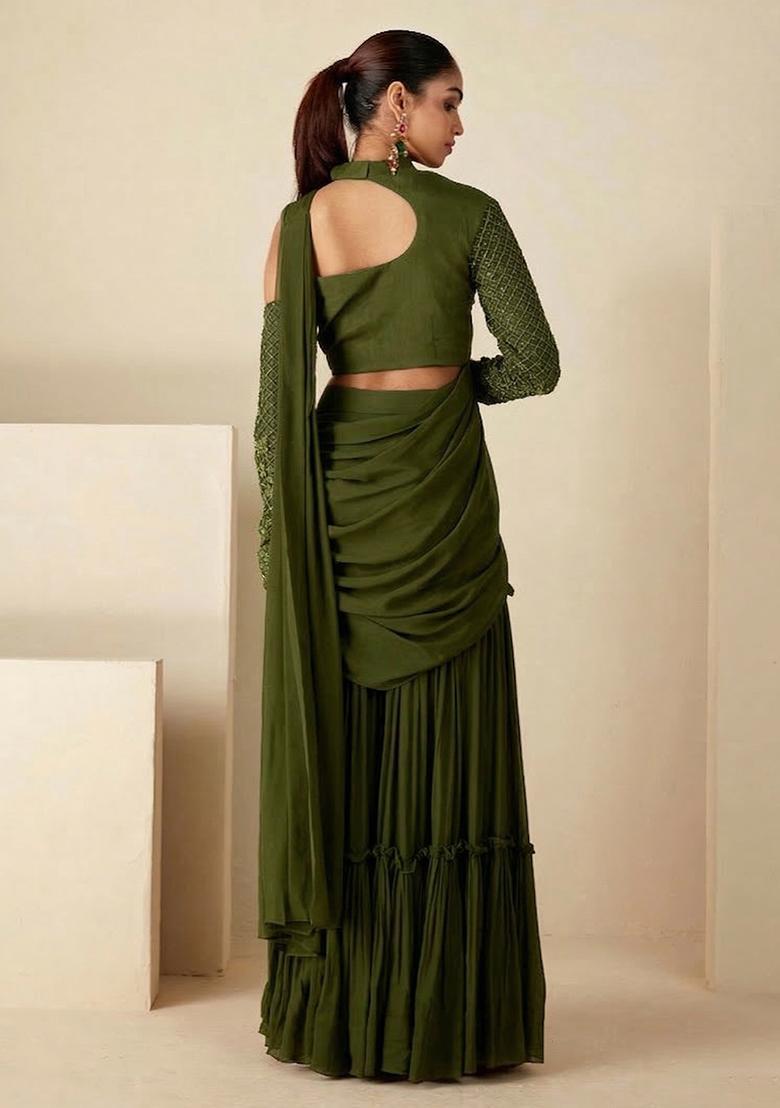 Olive Green Hand Work Georgette Fusion Set - Indya